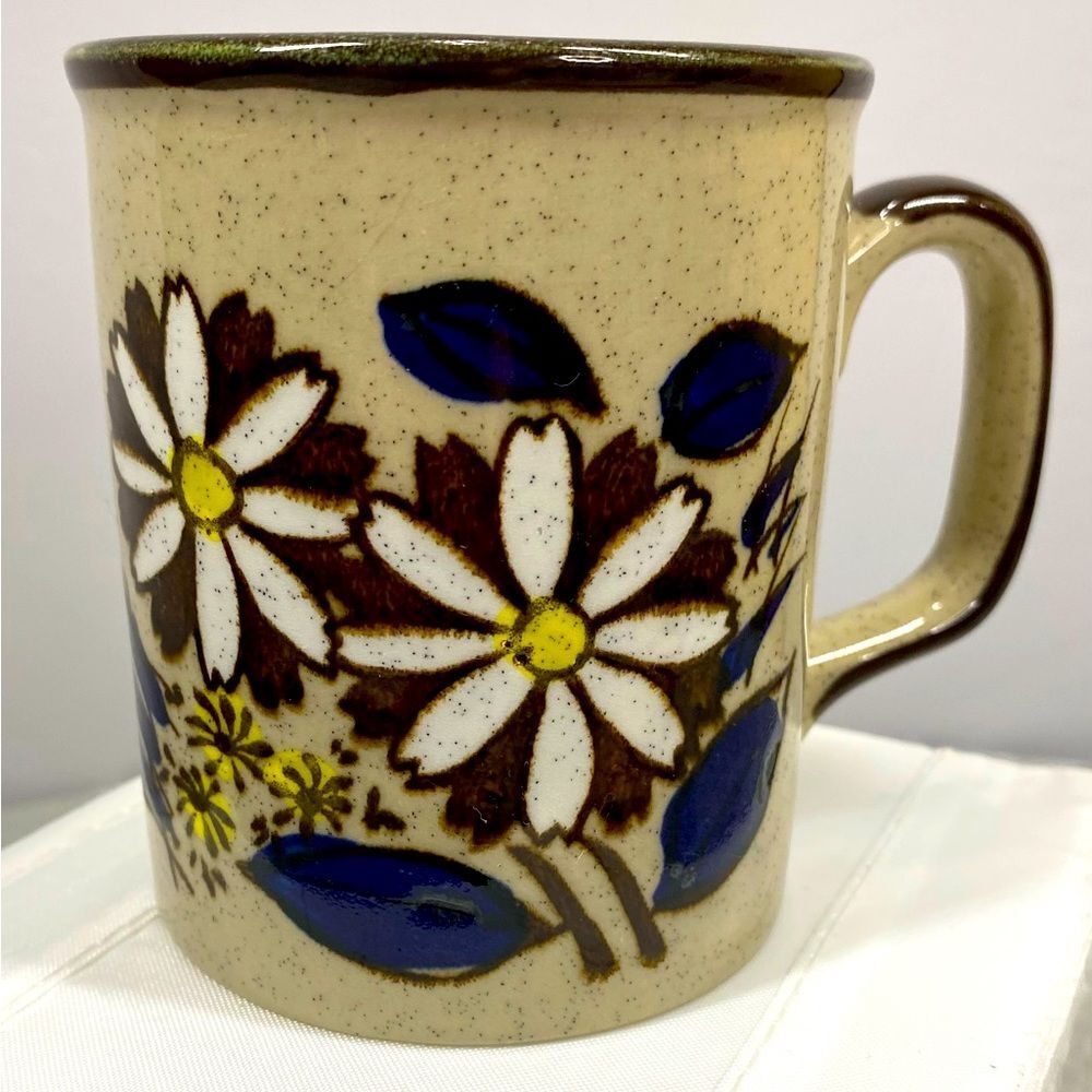 Stoneware Coffee Cup White Brown Cobalt Blue Flower Green Interior Mug Vtg 70s